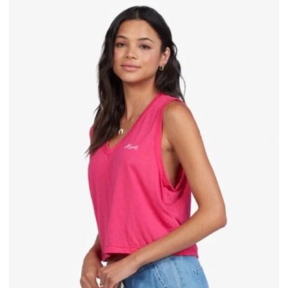 Roxy Women's Ocean Sweet Deep V-Neck Cropped Tee T-Shirt Tank Top in Hot Pink - Picture 3 of 7